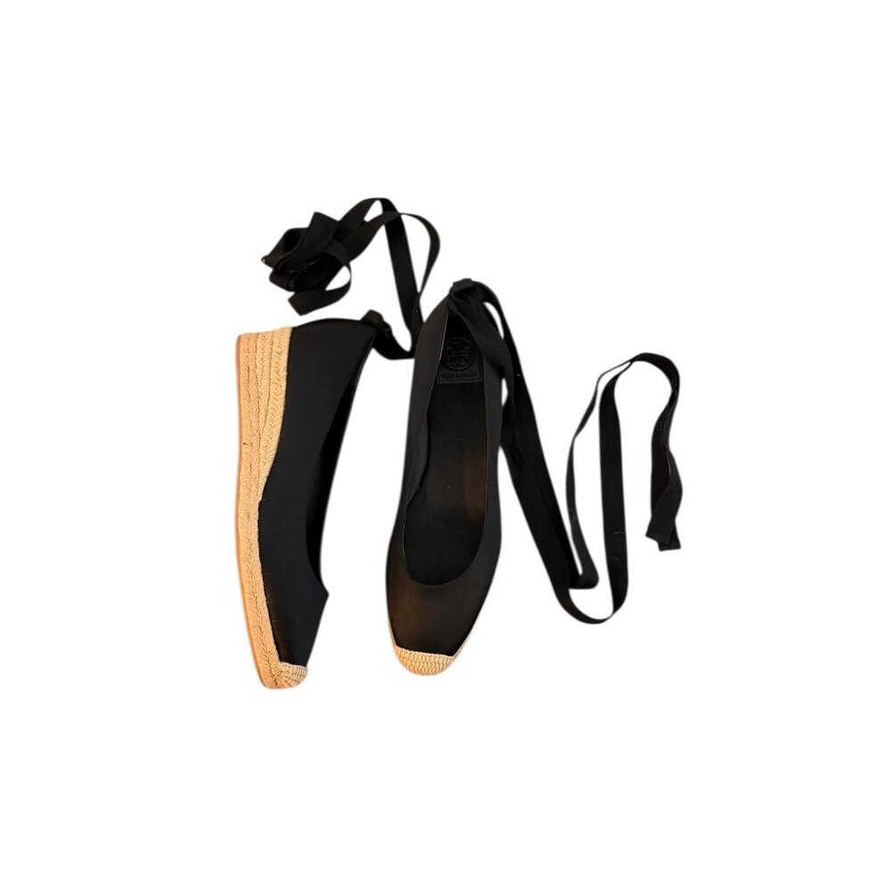Tory Burch Heather Satin Ankle Wrap Espadrille Wedge Black Size 10
